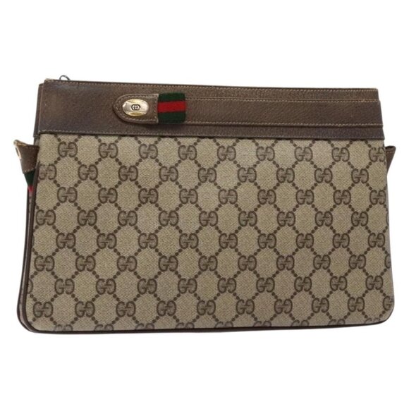 GUCCI GG Supreme Chain Clutch Bag PVC Beige Gold Auth - Picture 1 of 15